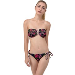 Lazy Cat Floral Pattern Black Twist Bandeau Bikini Set by snowwhitegirl