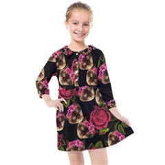 Lazy Cat Floral Pattern Black Kids  Quarter Sleeve Shirt Dress