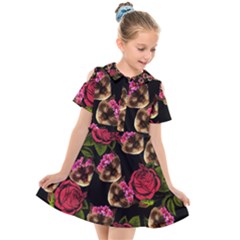 Lazy Cat Floral Pattern Black Kids  Short Sleeve Shirt Dress