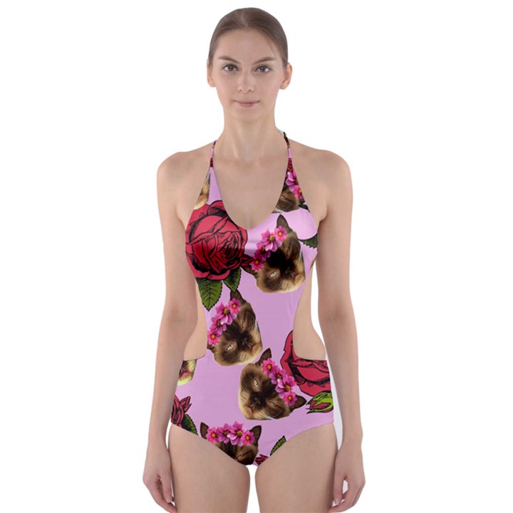 Lazy Cat Floral Pattern Pink Cut-Out One Piece Swimsuit