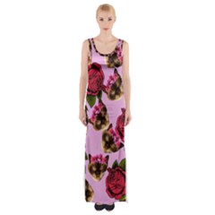 Lazy Cat Floral Pattern Pink Maxi Thigh Split Dress by snowwhitegirl