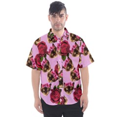 Lazy Cat Floral Pattern Pink Men s Short Sleeve Shirt