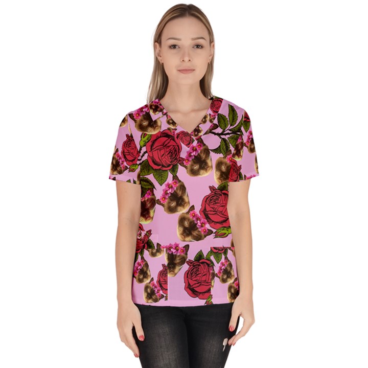 Lazy Cat Floral Pattern Pink Scrub Top