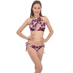 Lazy Cat Floral Pattern Pink Cross Front Halter Bikini Set