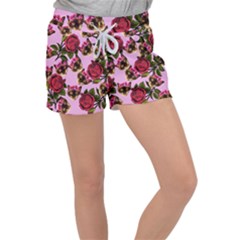 Lazy Cat Floral Pattern Pink Women s Velour Lounge Shorts by snowwhitegirl