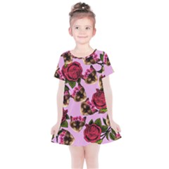 Lazy Cat Floral Pattern Pink Kids  Simple Cotton Dress by snowwhitegirl