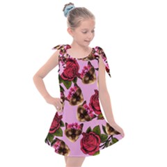 Lazy Cat Floral Pattern Pink Kids  Tie Up Tunic Dress by snowwhitegirl