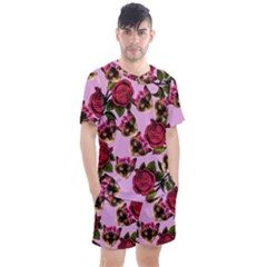 Lazy Cat Floral Pattern Pink Men s Mesh Tee And Shorts Set