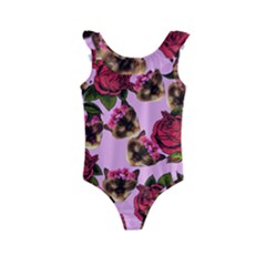 Lazy Cat Floral Pattern Pink Kids  Frill Swimsuit