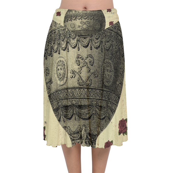 Vintage Air Balloon With Roses Velvet Flared Midi Skirt