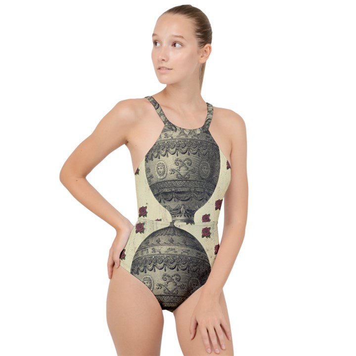 Vintage Air Balloon With Roses High Neck One Piece Swimsuit