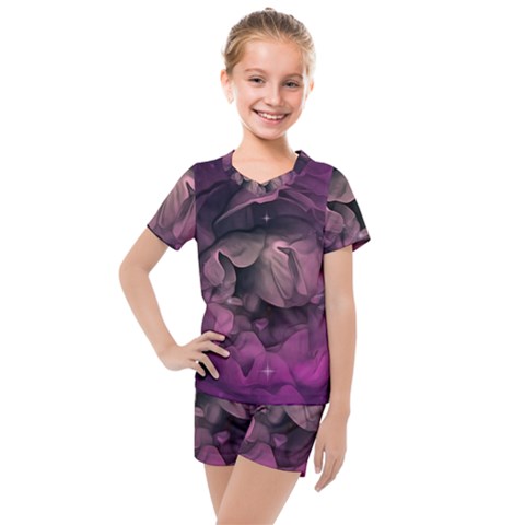 Wonderful Flower In Ultra Violet Colors Kids  Mesh Tee And Shorts Set by FantasyWorld7