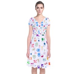 Colorful Abstract Symbols Short Sleeve Front Wrap Dress by FunnyCow