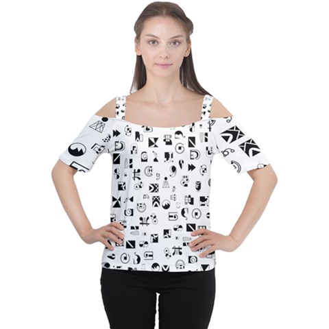 Black Abstract Symbols Cutout Shoulder Tee by FunnyCow