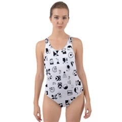 Black Abstract Symbols Cut-out Back One Piece Swimsuit by FunnyCow