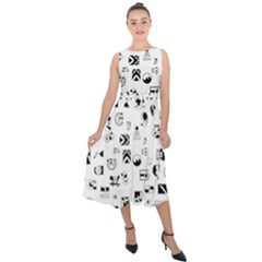 Black Abstract Symbols Midi Tie-back Chiffon Dress by FunnyCow