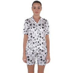 Black Abstract Symbols Satin Short Sleeve Pyjamas Set by FunnyCow