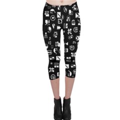 White On Black Abstract Symbols Capri Leggings  by FunnyCow