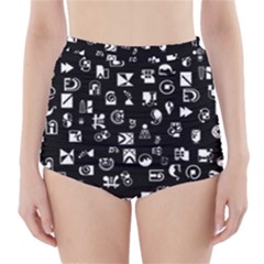 White On Black Abstract Symbols High-waisted Bikini Bottoms by FunnyCow