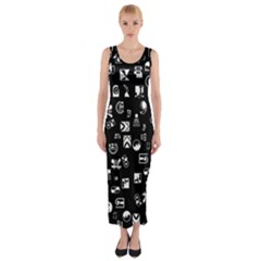 White On Black Abstract Symbols Fitted Maxi Dress by FunnyCow