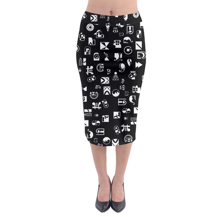 White On Black Abstract Symbols Midi Pencil Skirt