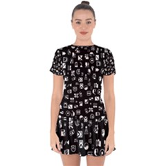 White On Black Abstract Symbols Drop Hem Mini Chiffon Dress by FunnyCow