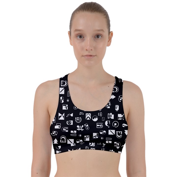 White On Black Abstract Symbols Back Weave Sports Bra