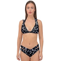 White On Black Abstract Symbols Double Strap Halter Bikini Set by FunnyCow