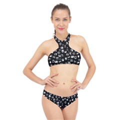 White On Black Abstract Symbols High Neck Bikini Set by FunnyCow