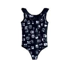 White On Black Abstract Symbols Kids  Frill Swimsuit