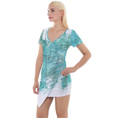 Splash Teal Short Sleeve Asymmetric Mini Dress