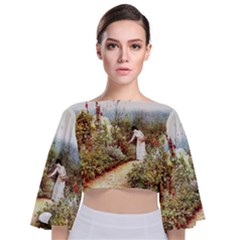 Lady And Scenery Tie Back Butterfly Sleeve Chiffon Top