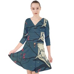 Girl And Flowers Quarter Sleeve Front Wrap Dress