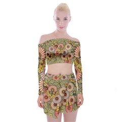 Flower And Butterfly Off Shoulder Top With Mini Skirt Set