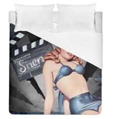 Retro Pin Up Girl Blue Duvet Cover (queen Size) by vintage2030