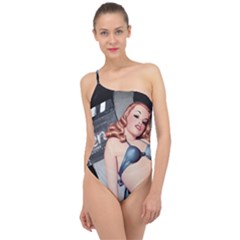 Retro Pin Up Girl Blue Classic One Shoulder Swimsuit