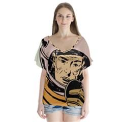 Astronaut Retro V-neck Flutter Sleeve Top by vintage2030