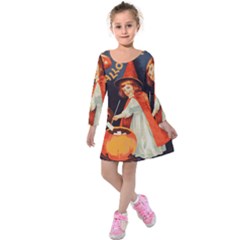 Haloweencard2 Kids  Long Sleeve Velvet Dress