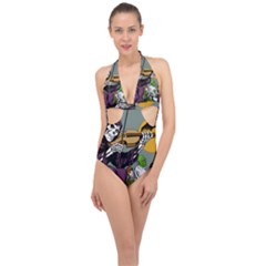 Playing Skeleton Halter Front Plunge Swimsuit