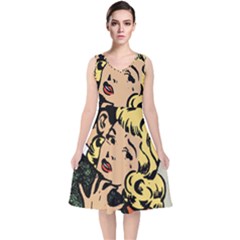 Hugging Retro Couple V-neck Midi Sleeveless Dress 