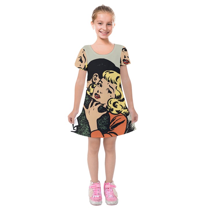 Hugging Retro Couple Kids  Short Sleeve Velvet Dress