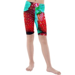 Red Strawberries Kids  Mid Length Swim Shorts by FunnyCow