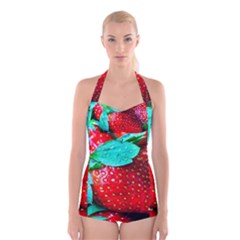 Red Strawberries Boyleg Halter Swimsuit  by FunnyCow