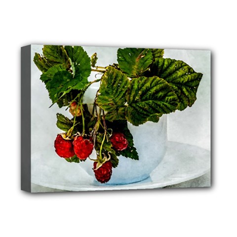 Red Raspberries In A Teacup Deluxe Canvas 16  X 12  (stretched)  by FunnyCow