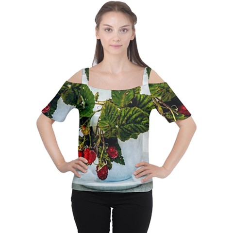 Red Raspberries In A Teacup Cutout Shoulder Tee by FunnyCow