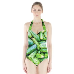 Pile Of Green Cucumbers Halter Swimsuit by FunnyCow