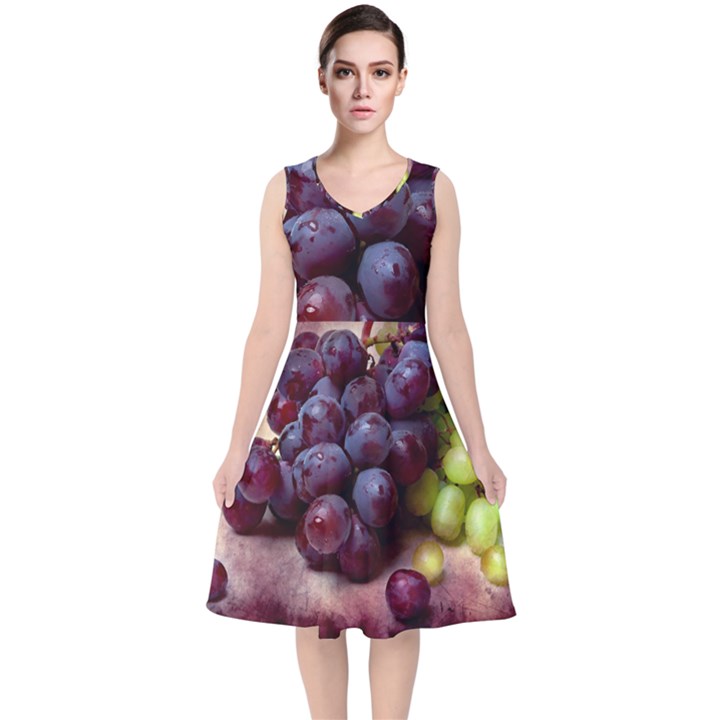 Red And Green Grapes V-Neck Midi Sleeveless Dress 