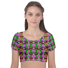 Roses And Other Flowers Love Harmony Velvet Short Sleeve Crop Top  by pepitasart