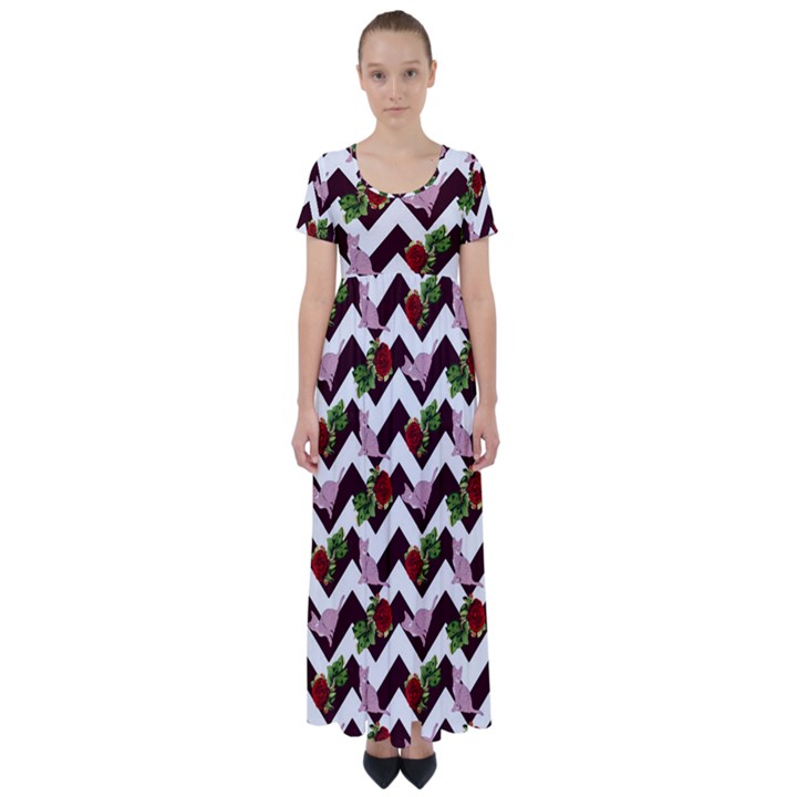 Cat Rose Chevron High Waist Short Sleeve Maxi Dress