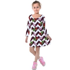 Cat Rose Chevron Kids  Long Sleeve Velvet Dress by snowwhitegirl